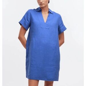 Madewell V-Neck Mini Dress small blue star 100% Linen coastal lagenlook relaxed